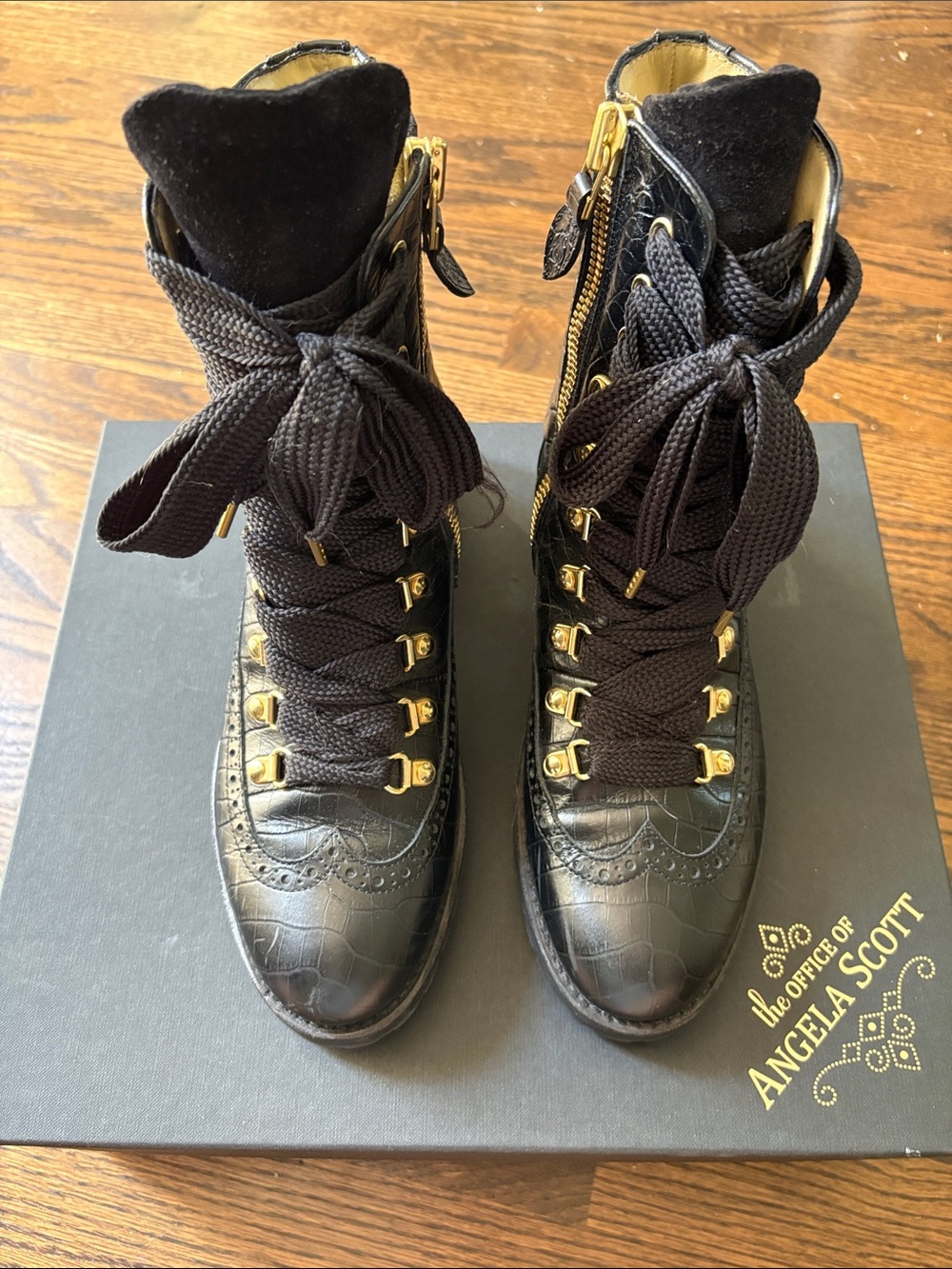 The Office of Angela Scott Ms Georgia Black Lace-Up Leather Boots Size 38
